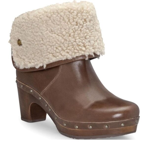 UGG Australia Lynnea tan leather shearling lined studded wood clogs - Picture 1 of 12